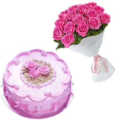 "Round shape cake -half kg , 12 pink roses flower bunch - Click here to View more details about this Product